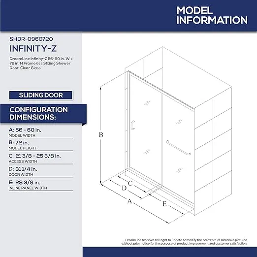 DreamLine Infinity-Z 56-60 in. W x 72 in. H Semi-Frameless Sliding Shower Door, Clear Glass in Matte Black