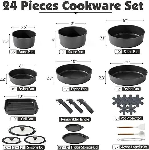SENSARTE 24 Piece Pots and Pans Set, Nonstick Detachable Handle Cookware, Induction Kitchen Cookware Set with Removable Handle, Healthy Non Stick RV Cookware, Dishwasher&Oven Safe, PFOA Free (Black)