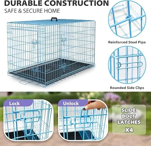 BestPet 24,30,36,42,48 Inch Dog Crates for Large Dogs Folding Mental Wire Crates Dog Kennels Outdoor and Indoor Pet Dog Cage Crate with Double-Door,Divider Panel, Removable Tray (Blue, 48")