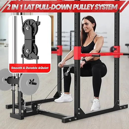 Multi-Functional Power Cage Power Rack with LAT Pulldown Adjustable Cable Crossover System and More Training Attachments for Home Gym