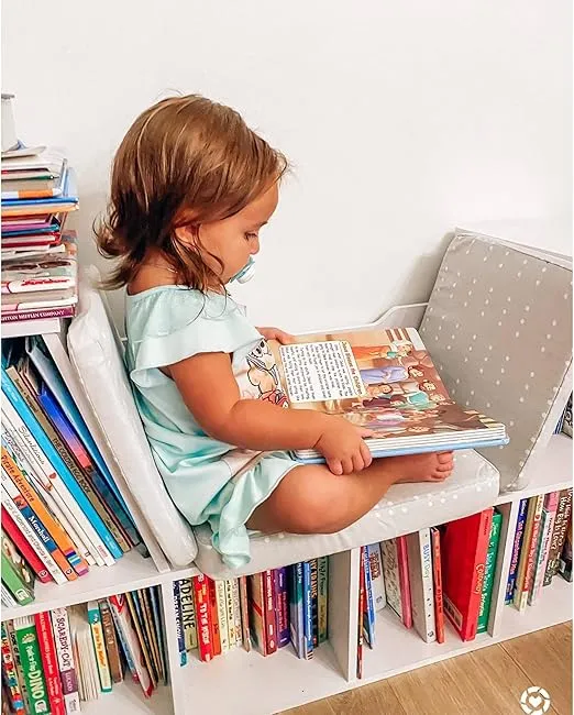 KidKraft Wooden Bookcase with Reading Nook, Storage and Gray Cushion, White