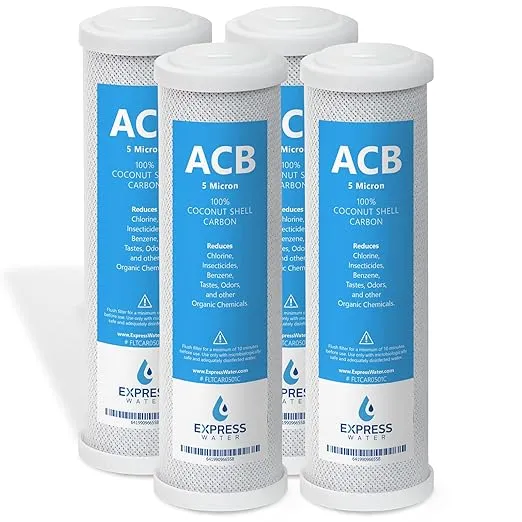 Express Water - FLTCAR0504C – 4 Pack Activated Carbon Block ACB Water Filter Replacement – 5 Micron, 10 inch Filter – Under Sink and Reverse Osmosis System