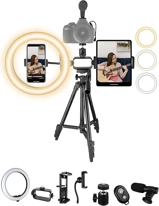 Acuvar Pro LED Ring Light Vlogging Kit for iPhone/Android IPad Tablet & Camera with 50" Tripod, Phone & Tablet Holder Mount, Microphone & Bluetooth Remote for Live Stream, YouTube, Instagram TikTok