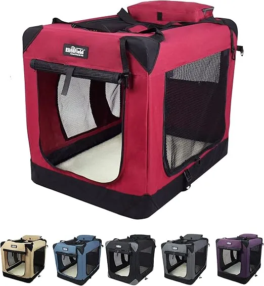 EliteField 3-Door Folding Soft Dog Crate with Carrying Bag and Fleece Bed (2 Year Warranty), Indoor & Outdoor Pet Home (24" L x 18" W x 21" H, Maroon)