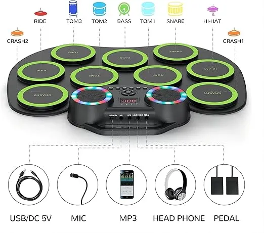 Electronic Drum Set 9Pads with LED Lights, Bluetooth Electronic Drum, Roll-Up Drum Pad, Built-in Dual Speakers, Headphone, Holiday Birthday Gift for Kids Adults