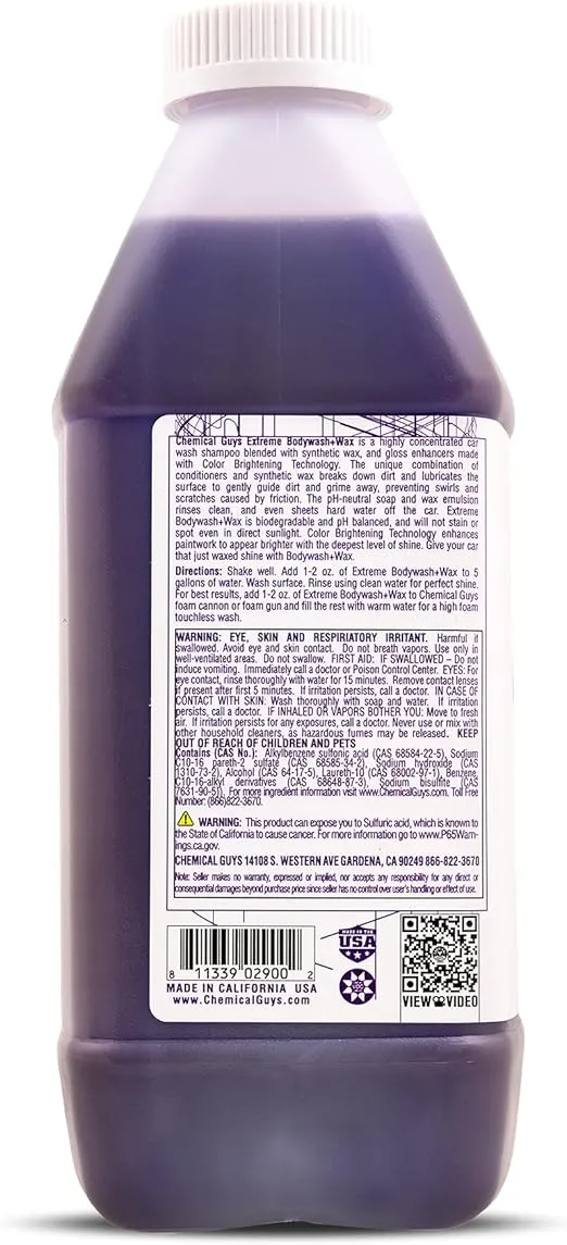 Chemical Guys CWS20764 Extreme Bodywash & Wax Foaming Car Wash Soap (For Foam Cannons, Guns or Bucket Washes) For Cars, Trucks, Motorcycles, RVs More, 64 fl oz (Half Gallon) Grape Scent