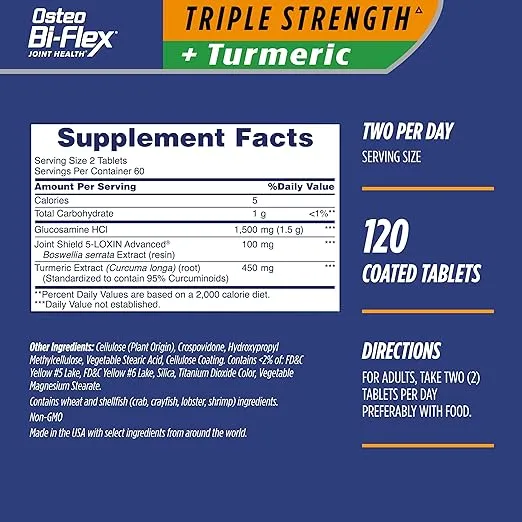 Osteo Bi-Flex Glucosamine Triple Strength Plus Turmeric Supplement with Curcumin for Joint Support and Range of Motion, 60 Day Supply, 120 Coated Tablets, Joint Health Nutritional Supplements