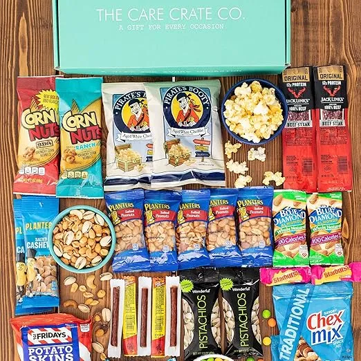 Men's Hearty Snack Box - Ultimate Man Care Package ( 50 piece Snack Pack ) Jerky, Nuts, Chips and Pretzels Variety Pack - The Care Crate Co.