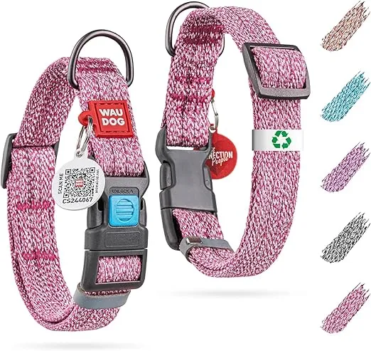 WAUDOG Reflective Cotton Dog Collar Eco-Friendly Alt to Nylon Collar for Small Medium Large Dogs - Adjustable Male Female Dog Collar Pet Collar with QR ID Tag - Collar for Large Breed Dogs and Puppy