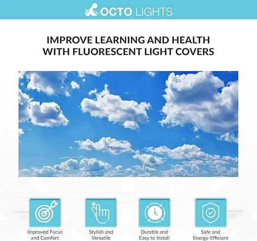 Fluorescent Light Cover for Classroom Ceiling Lights Clouds - Premium Backlit Film Insert 2x4 (22.38"x46.5") Florescent Fixture (Pack of 1) School, Office, Sensory, Improve Focus, Eliminate Headaches