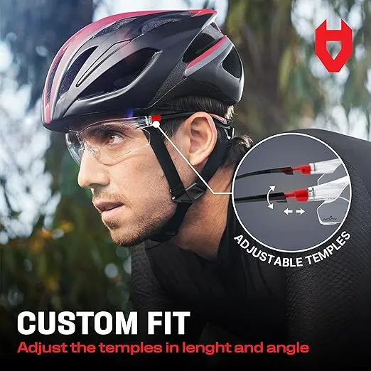 NoCry Safety Glasses with Clear Anti Fog Scratch Resistant Wrap-Around Lenses and No-Slip Grips, UV Protection. Adjustable, Black & Red Frames (10 pack)
