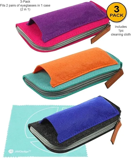 [3 PACK], Double Eyeglass Case Fits 2 Frames in Soft Felt Zipper and Pouch Style Storage with Microfiber Cloth