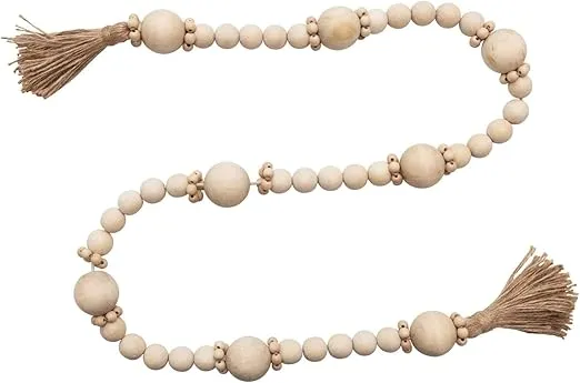 Creative Co-Op Wood Bead Garland with Jute Tassels