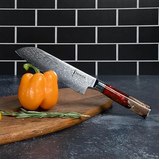 SENKEN 7-Piece Damascus Kitchen Knife Set - Tsunami Collection - 67-Layer Japanese VG10 Steel - Chef's Knife, Cleaver, Santoku, Bread, Boning, & More (Red Resin Blend)