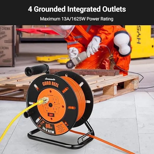 DEWENWILS Retractable Extension Cord Reel, 80FT Heavy Duty Open Cord Reel for Indoor Outdoor, 14/3 AWG SJTW, 4 Grounded Outlets, 13 Amp Circuit Breaker,Handle Rewind, Metal Stand, ETL Listed