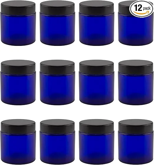 4-Ounce Cobalt Blue Glass Straight Sided Cosmetic Jars (12-Pack); 120 ml. Capacity, BPA-Free Lids