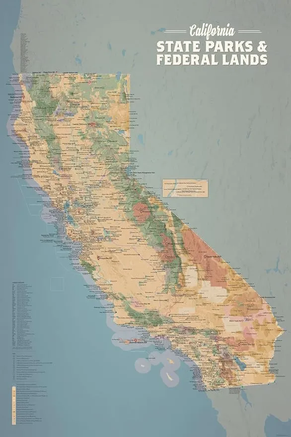California State Parks & Federal Lands Map 24x36 Poster (Camel & Slate Blue)