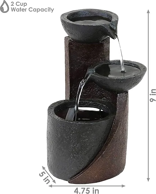 Sunnydaze Descending Bowls 9-Inch Indoor Tabletop Fountain - Interior Tiered Mini Water Feature for Bedroom Living Room Office Dining Room and Bathroom - 9-Inch