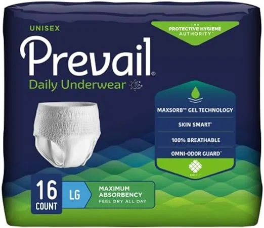 Prevail Daily Protective Underwear, Unisex Disposable Adult Diaper for Men& Women, Maximum Absorbency, Large, 16 Count Bag