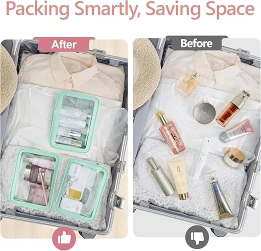 PACKISM TSA Approved Toiletry Bag - Upgrade Color-Edged Clear Makeup Bag, Unique Appearance, 2 Pack Hold Lots of Items, Reusable Clear Toiletry Bags for Travel Essentials, Green (2 Sizes)