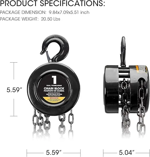 Torin ATR9010B Manual Hand Lift Steel Chain Block Hoist with 2 Heavy Duty Hooks, 1 Ton (2,000 lb) Capacity,8ft/2.5m Black