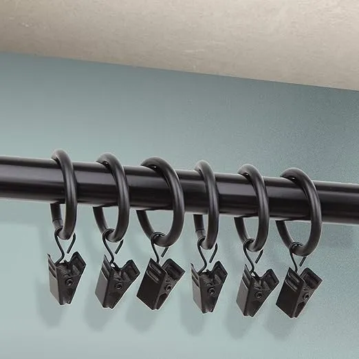 Rod Desyne 10 Count 1-Inch Curtain Rings with Clip for Windows, Black