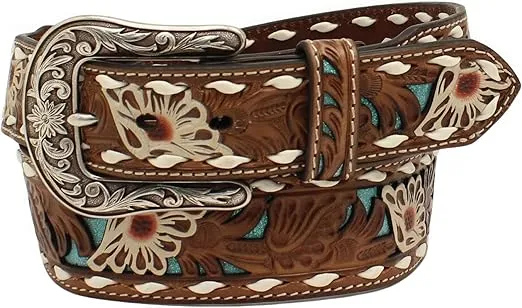 ARIAT Ladies Genuine Leather Belt with White Floral Overlay and Turquoise Shimmer Underlay