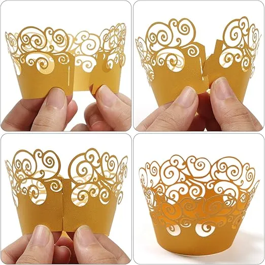 Cupcake Wrappers, KPOSIYA 100 Pack Cupcake Wraps Filigree Artistic Bake Cake Paper Cup Little Vine Laser Cut Liner Baking Cups Muffin Case Trays for Wedding Party Birthday Decoration (100, Purple)