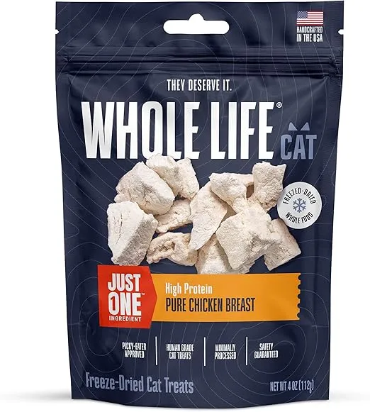 Whole Life Pet Just One Chicken Freeze Dried Cat Treats - Human Grade Cat Food Toppers, High Protein Cat Snacks, Cat Toppers for Food, USA Made Natural Cat Treats - 4 oz (Pack of 1)