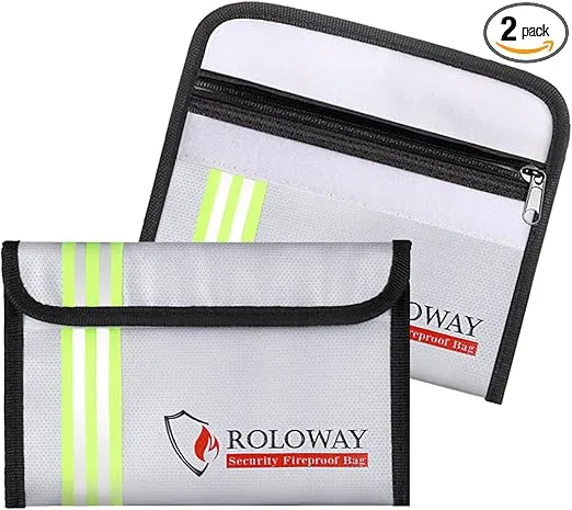 ROLOWAY Small Fireproof Bag (5 x 8 inches) with Reflective Strip, Non-Itchy Fireproof Money Bag, Fireproof Wallet Bag, Cash Fireproof Bag Set for Valuables - Passport, Currency & Keys (2-Pack Silver)