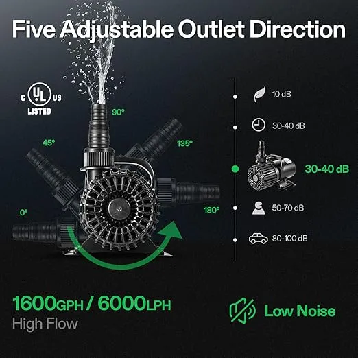 VIVOSUN 1600 GPH Submersible Water Pump, 100W Pond Pump, Ultra Quiet Aquarium Pump with 14FT. Lift Height for Pond, Waterfall, Fish Tank, Statuary, Hydroponic