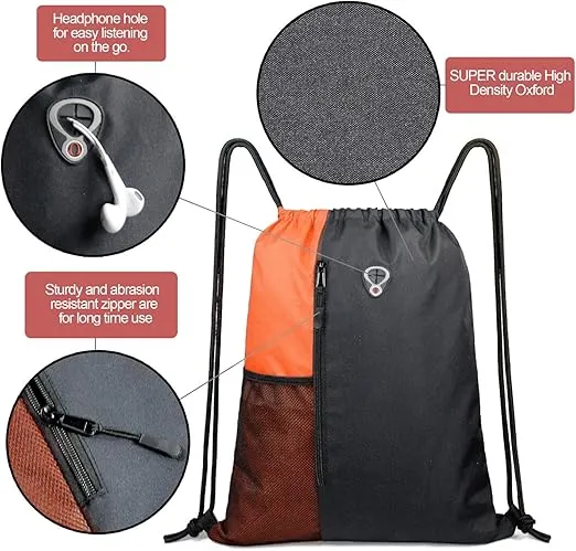 Drawstring Backpack Sports Gym Bag for Women Men Large Size With Two Zipper Pockets and Water Bottle Mesh Pockets