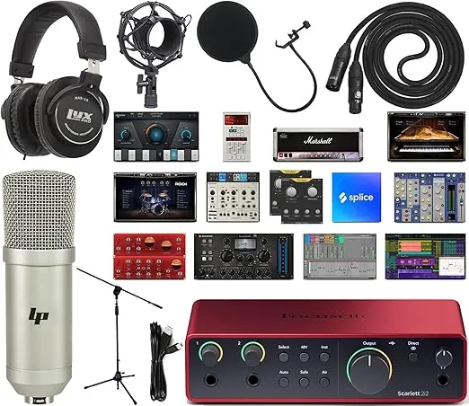 Focusrite Scarlett 2i2 4th Gen USB Audio Interface Bundle with Exclusive Creative Music Production Software Kit with LP Condenser Microphone with XLR Cable & Shock Mount