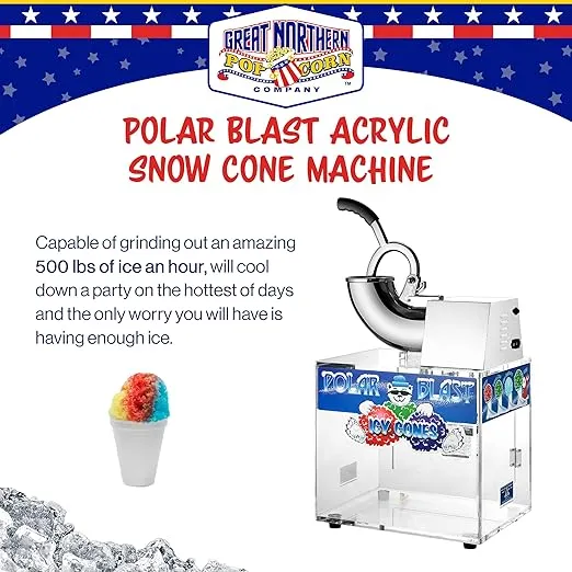 Great Northern Popcorn Polar Blast Snow Cone Machine Acrylic Crushed Maker Grinds Up to 500lbs of Ice Per Hour for Parties, Events