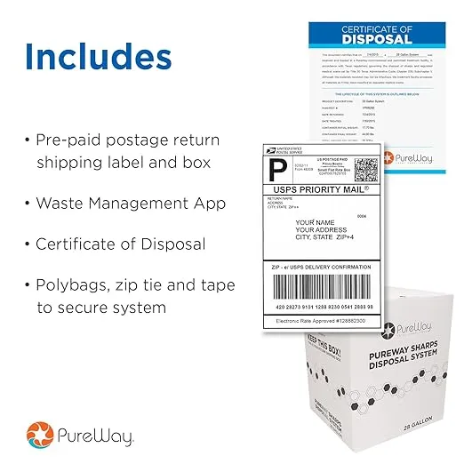 MailBack 1.2 Gallon 4-Pack PureWay Sharps Container Disposal System - [PrePaid Return Label Included] for Home, Travel, Professional, and Personal Use