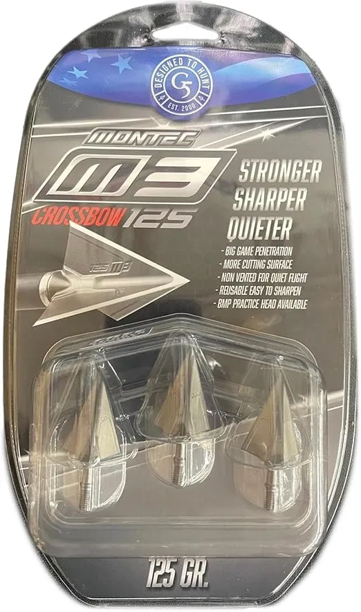 G5 Montec M3 Crossbow Design Archery Hunting Durable Sharp Fixed Blades 1 1/16" Cutting Diameter Steel 1-Piece Construction Screw-in Broadheads for Crossbow Arrows - Pack of 3