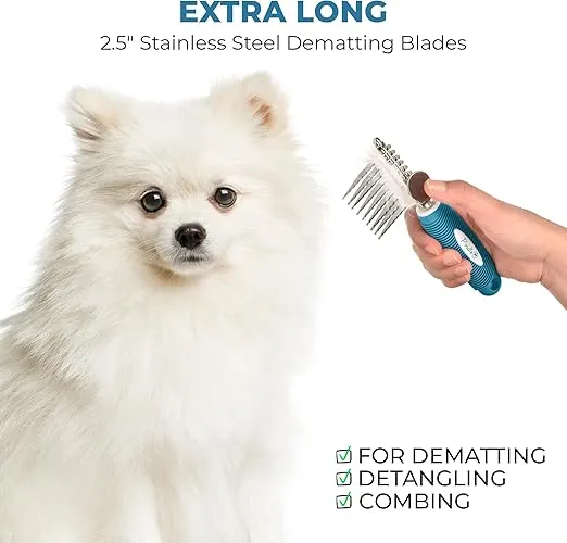 Poodle Pet Dematting Fur Rake Comb Brush Tool - Dog and Cat Comb with Long 2.5 Inches Steel Safety Blades for Detangling Matted or Knotted Undercoat Hair (Blue, Dematting Comb)