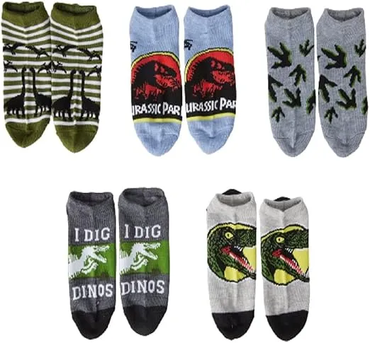 Universal Boys' Jurassic Park 5 Pack No Show Socks, Green Stripe, 6-8.5