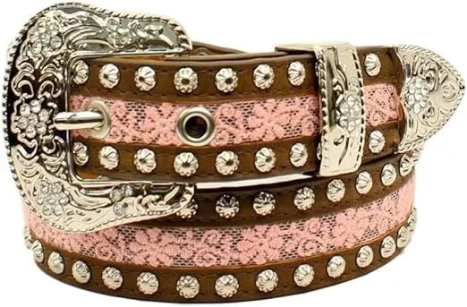 ARIAT Youth Girls Floral Lace Inset Studded Belt, Brown/Pink, 20