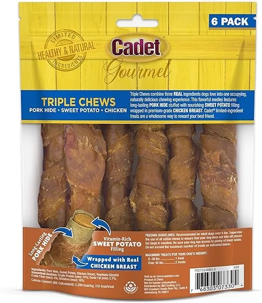 Cadet Gourmet Triple Chews Pork Hide, Sweet Potato, & Chicken Dog Treats - Healthy Dog Treats for Small & Large Dogs - Inspected & Tested in USA (6 Count)