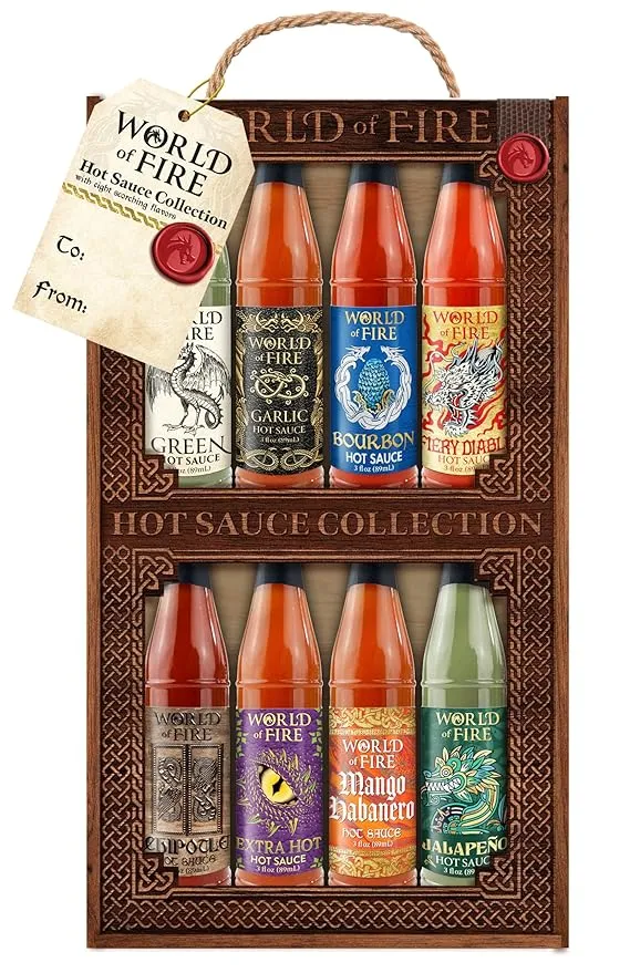 World of Fire 8 Bottle Hot Sauce Collection in Wood Crate Gift Set