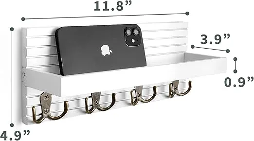 White Wooden Key Holder - Wall Mounted Mail Organizer and Key Hanger - Modern Farmhouse Entryway Shelf with 4 Double Brass Hooks - Decorative Rack for Car Keys, Wallet