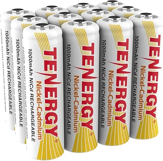 Tenergy AA Rechargeable Battery NiCd 1000mAh 1.2V Battery Pack for Solar Lights, Garden Lights, 12 Pack