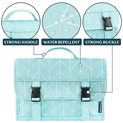 PAVILIA Travel Hanging Toiletry Bag for Women Men, Extra Large Capacity Makeup Bag Kit, Waterproof Cosmetic Storage Organizer Case for Bathroom Shower, Teal Chevron