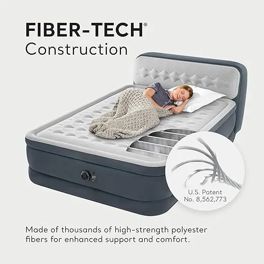 Intex 64447ED Dura-Beam Deluxe Ultra Plush Air Mattress with Headboard: Fiber-Tech – Queen Size – Built-in Electric Pump – 18in Bed Height – 600lb Weight Capacity
