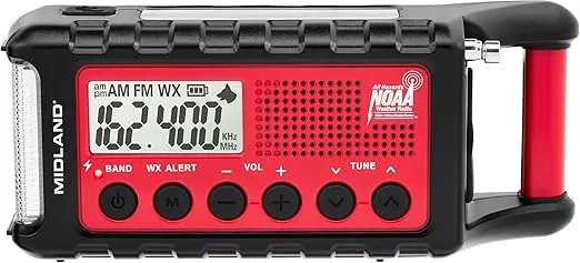 Midland - ER310, Emergency Crank Weather AM/FM Radio - Multiple Power Sources, SOS Emergency Flashlight, Ultrasonic Dog Whistle, & NOAA Weather Scan + Alert (Red/Black)