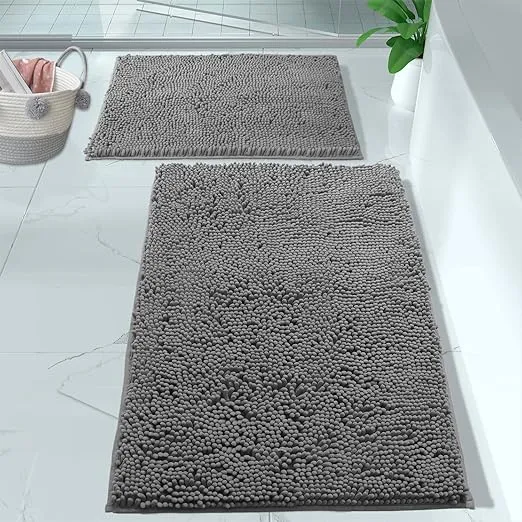 LuxUrux Bathroom Rug Set–Extra-Soft Plush Bath mat Shower Bathroom Rugs,1'' Chenille Microfiber Material, Super Absorbent (30 X 20'' + 24 x 16'', Light Grey)