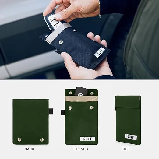 SLNT Signal Blocking Faraday Key Fob Case with Silent Pocket - Car Anti Theft Device Shields Against All Signal Types, Includes RFID Blocking & Durable Faraday Bag, Fits Most Keyfobs (Olive, X-Small)