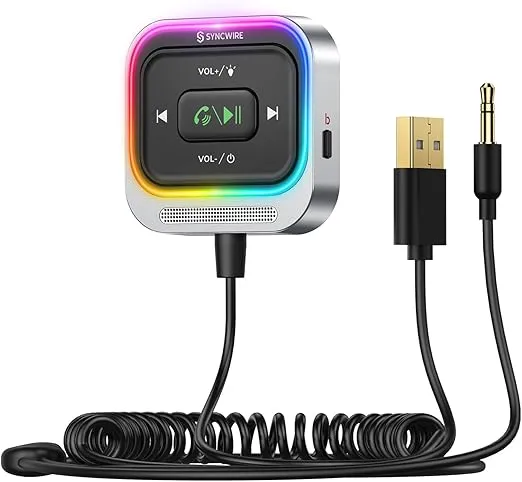 Syncwire Bluetooth 5.4 Receiver for Car 3.5mm Aux Car Adapter Bluetooth Receiver Car Kit with Coiled Cable [Large Mic Noise Cancellation] [Hands-Free Calling] [HiFi Deep Bass] [Colorful Light Switch]
