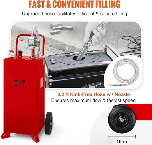VEVOR 30 Gallon Fuel Caddy, Fuel Storage Tank on 2 Wheels, Portable Gas Caddy with Manual Transfer Pump, Gasoline Diesel Fuel Container for Cars, Lawn Mowers, ATVs, Boats, More, Red